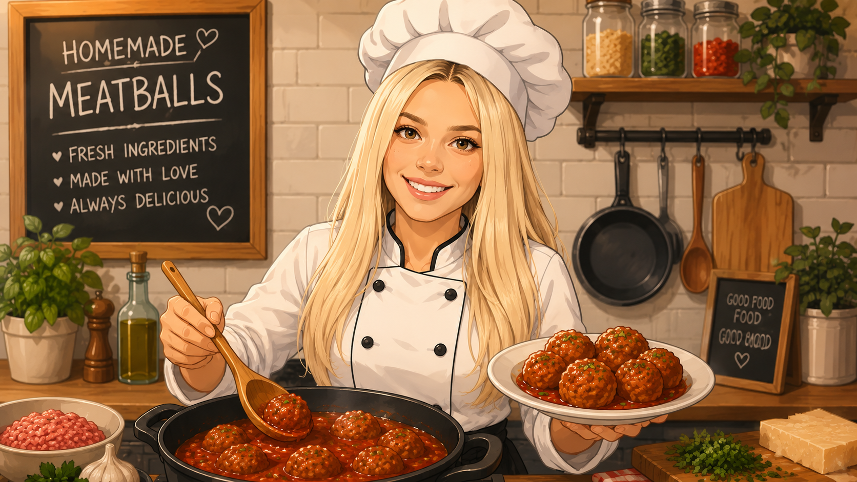 Sienna Halverson holding a plate of homemade meatballs in her Arizona kitchen
